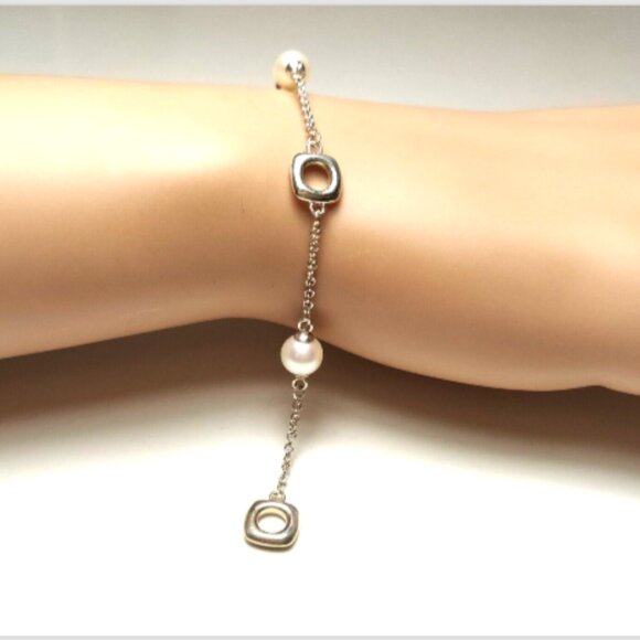 Vintage Tiffany &Co Akoya Pearls Cushion Toggle Silver Bracelet 7" Rare - Picture 1 of 10